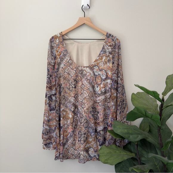 Show Me Your MuMu Sheer Bell Sleeve Boho Pattern Dress Mini Lined Bohemian Flowy - Picture 3 of 6